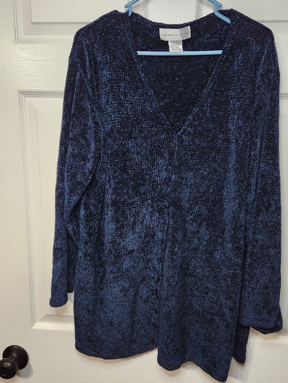August Silk Deep Navy Chenille V-Neck Button Front Long Sleeve Cardigan, Size 1X